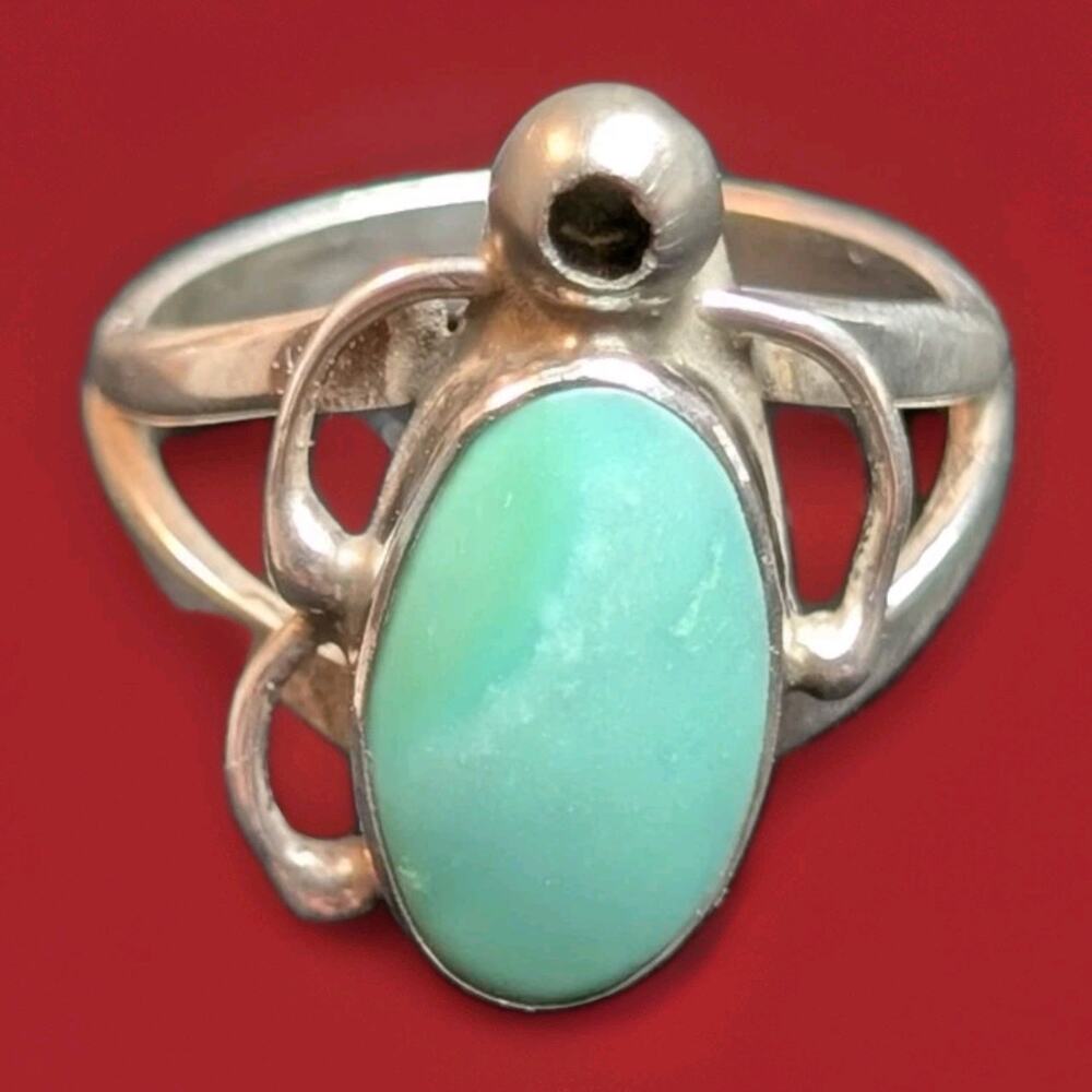 Vintage Sterling Silver And Green Turquoise Ring Size 4.5 Hand Made NA